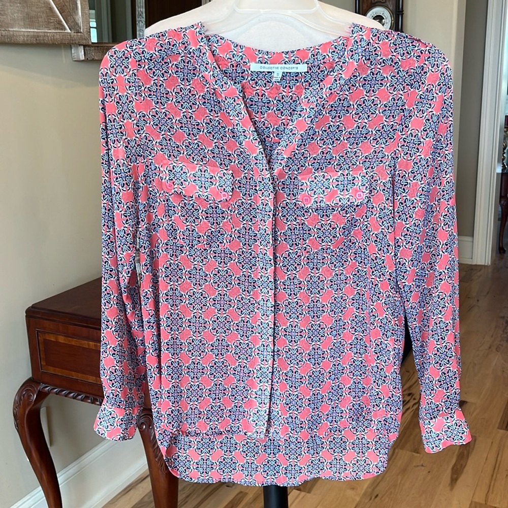 Blouse Coral Blue Lightweight Semi Sheer Womens Small
